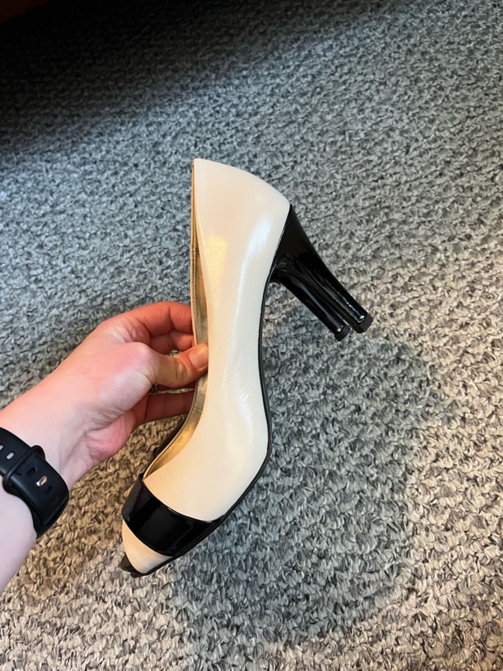 Anne Klein Two-Tone Beige and Black Peep-Toe Pumps - Picture 5 of 7